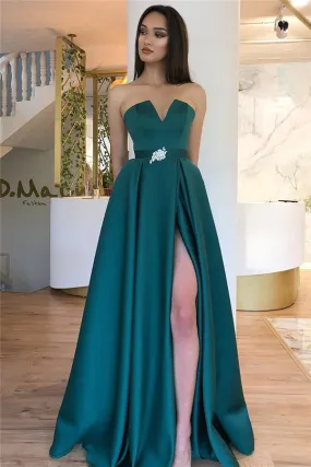 A-line Strapless Backless Floor Length Evening Dress Chic Side Slit Party Dresses