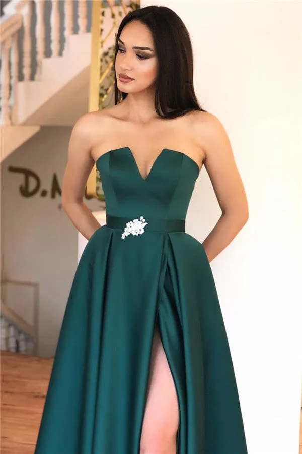 A-line Strapless Backless Floor Length Evening Dress Chic Side Slit Party Dresses