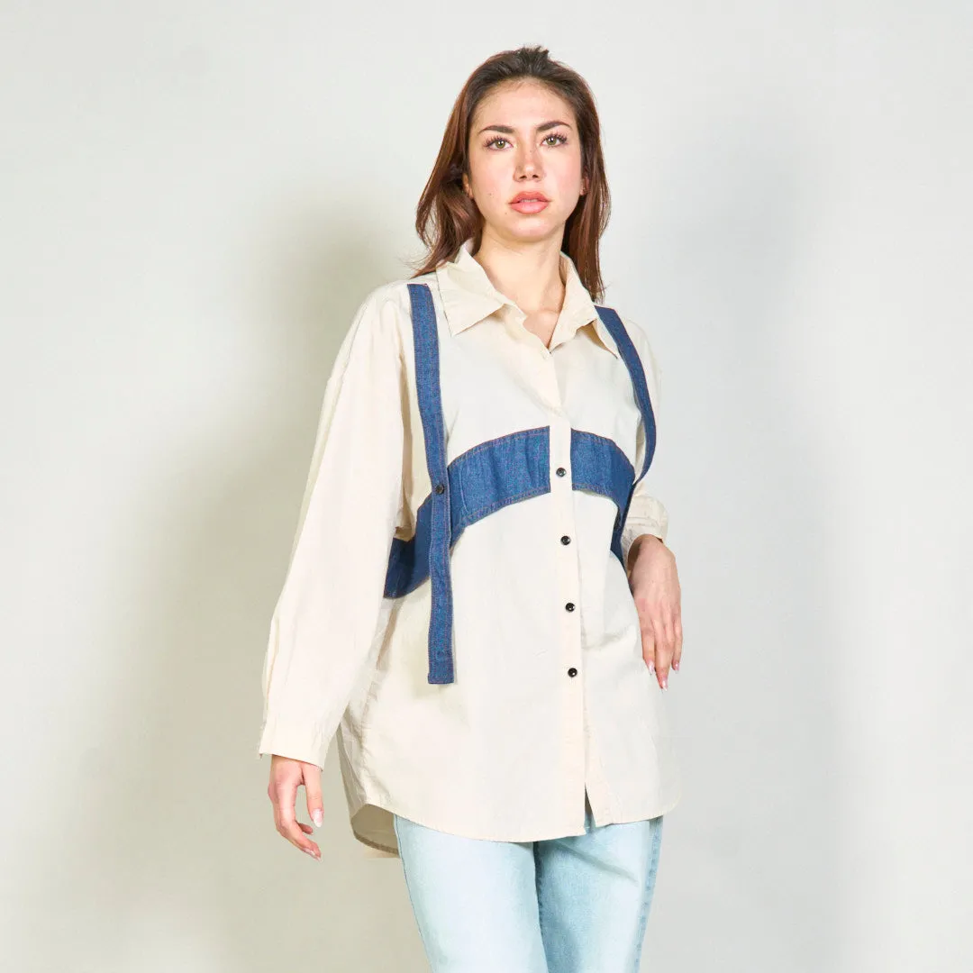Button-up shirt with denim strap accents wholesale