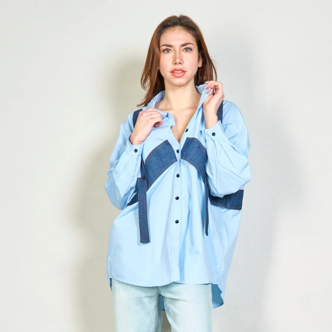 Button-up shirt with denim strap accents wholesale