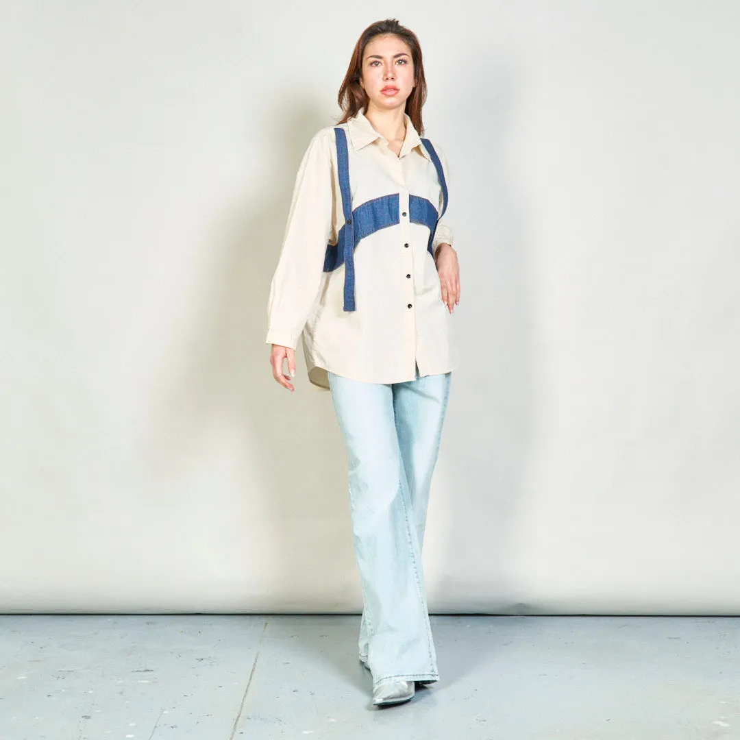 Button-up shirt with denim strap accents wholesale