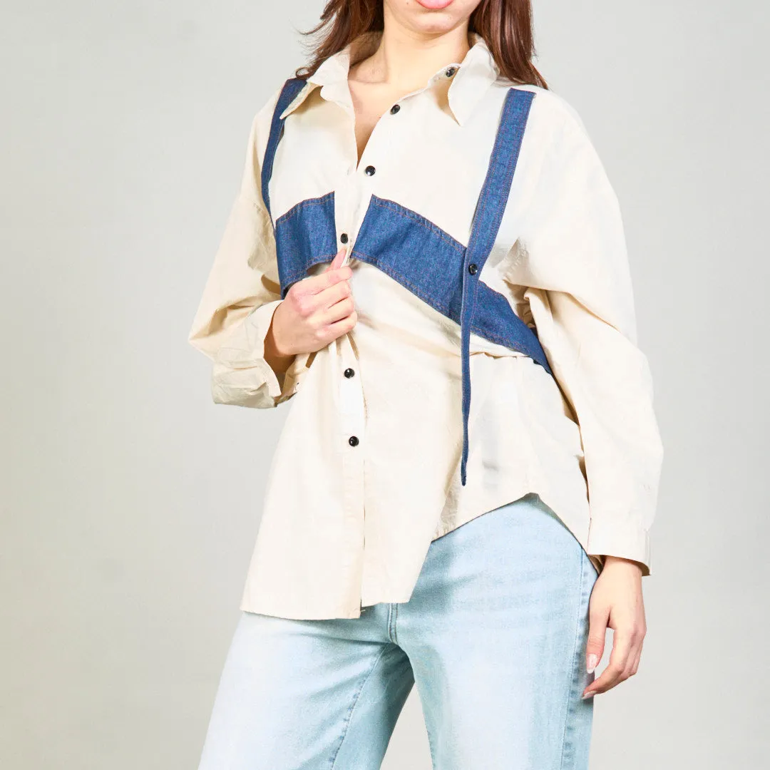 Button-up shirt with denim strap accents wholesale