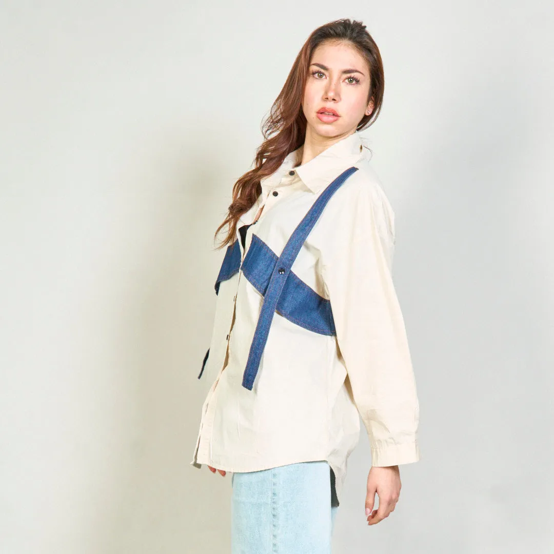 Button-up shirt with denim strap accents wholesale
