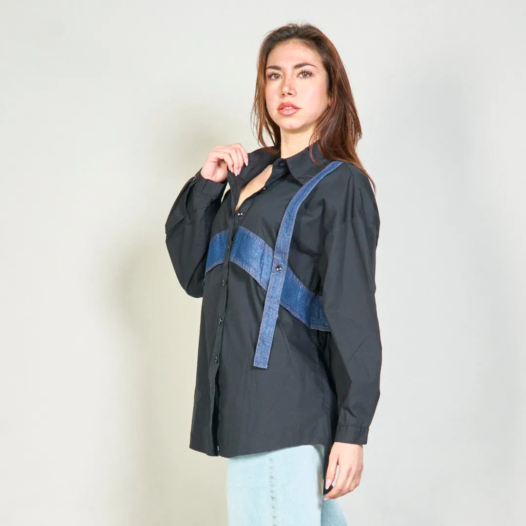 Button-up shirt with denim strap accents wholesale