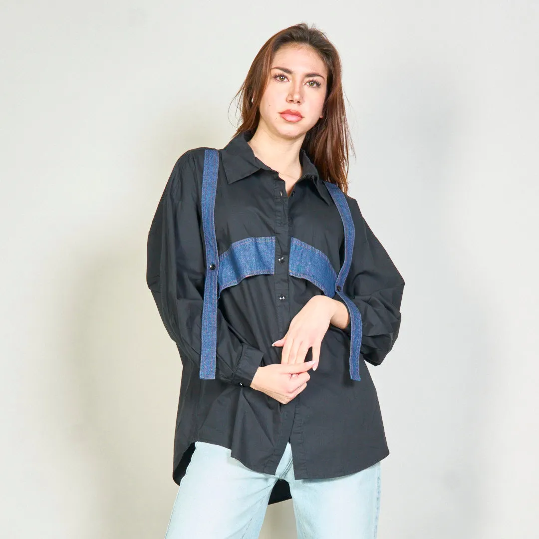 Button-up shirt with denim strap accents wholesale