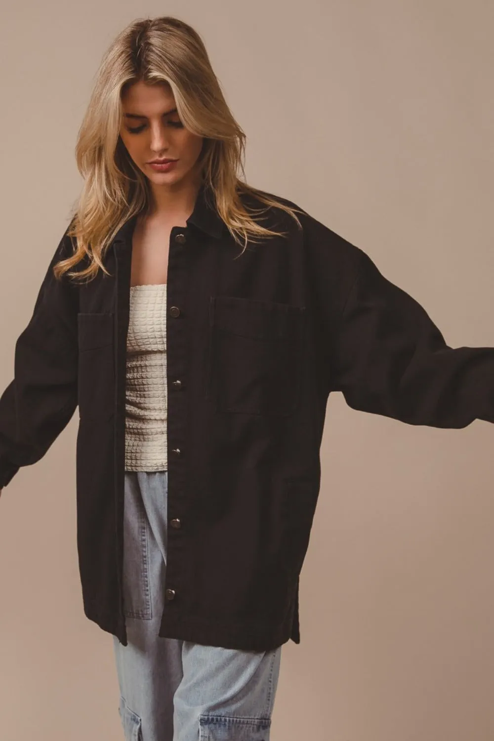 Button Up Washed Cotton Jacket with Pockets