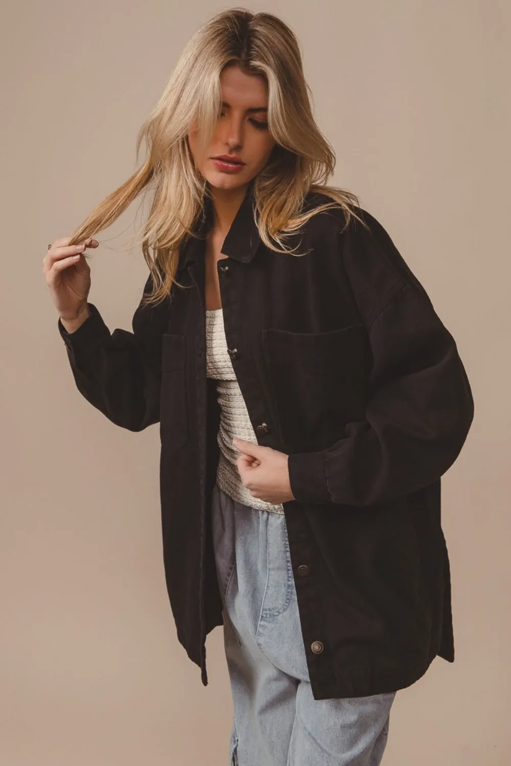 Button Up Washed Cotton Jacket with Pockets