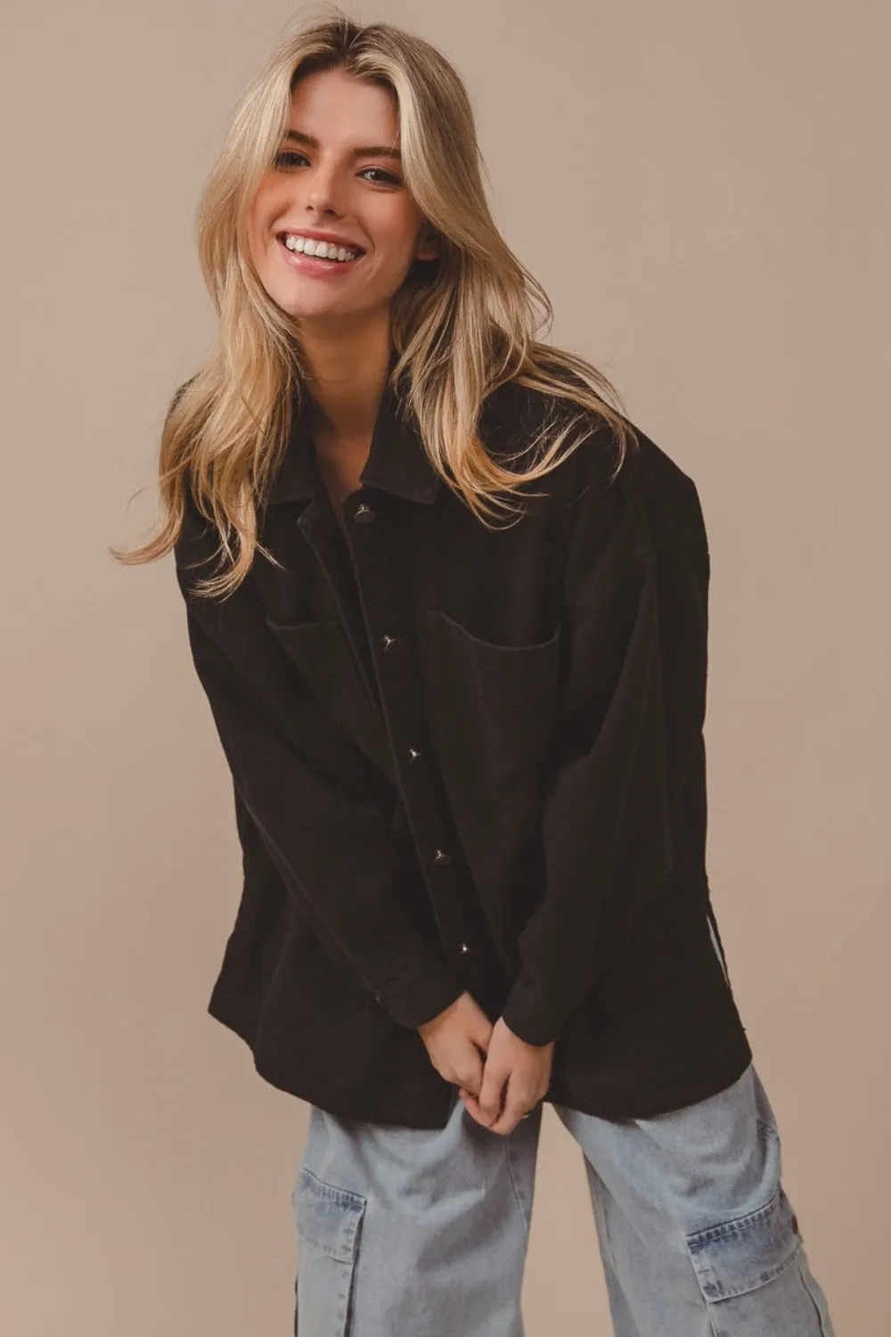 Button Up Washed Cotton Jacket with Pockets