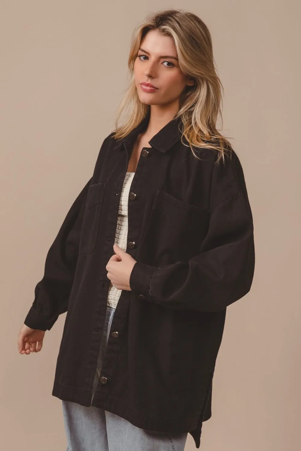 Button Up Washed Cotton Jacket with Pockets