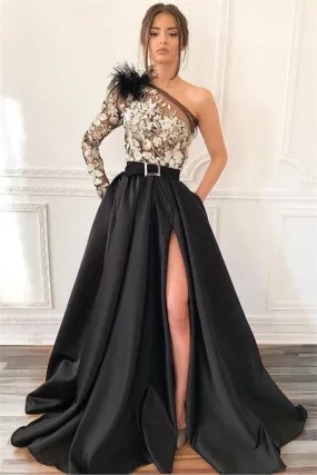 Chic Blcak One-Shoulder Side-Slit Feather Applique Prom Party Gowns