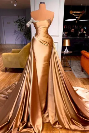 Chic Long Mermaid One Shoulder Beaded Prom Dress With Court Train