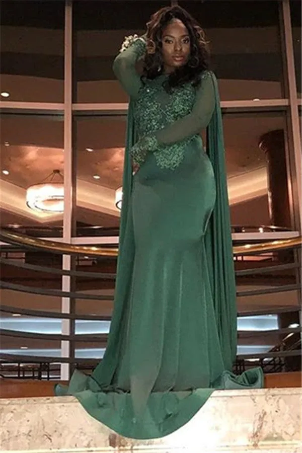 Chic Round Neck Long Sleevess Appliques Mermaid Prom Party Gowns