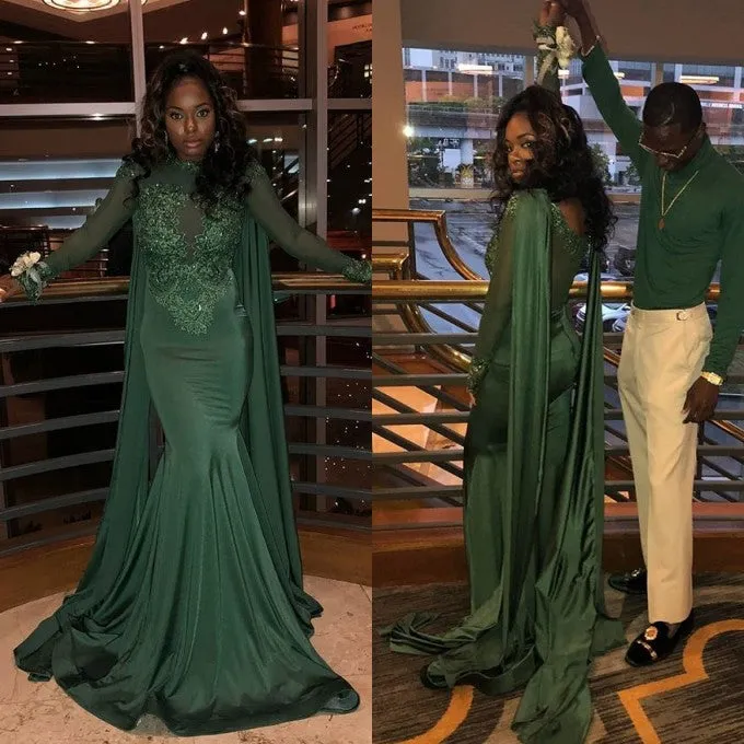 Chic Round Neck Long Sleevess Appliques Mermaid Prom Party Gowns