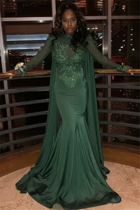 Chic Round Neck Long Sleevess Appliques Mermaid Prom Party Gowns