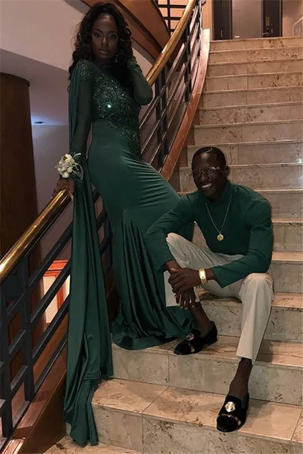 Chic Round Neck Long Sleevess Appliques Mermaid Prom Party Gowns