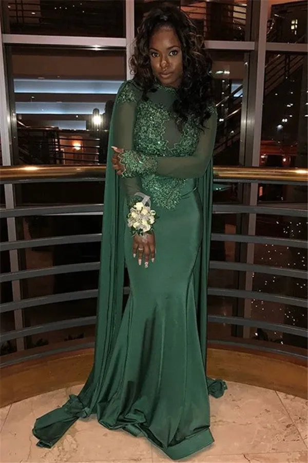 Chic Round Neck Long Sleevess Appliques Mermaid Prom Party Gowns
