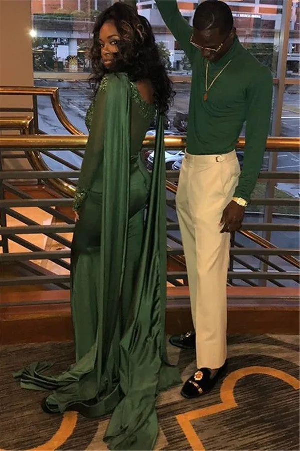 Chic Round Neck Long Sleevess Appliques Mermaid Prom Party Gowns