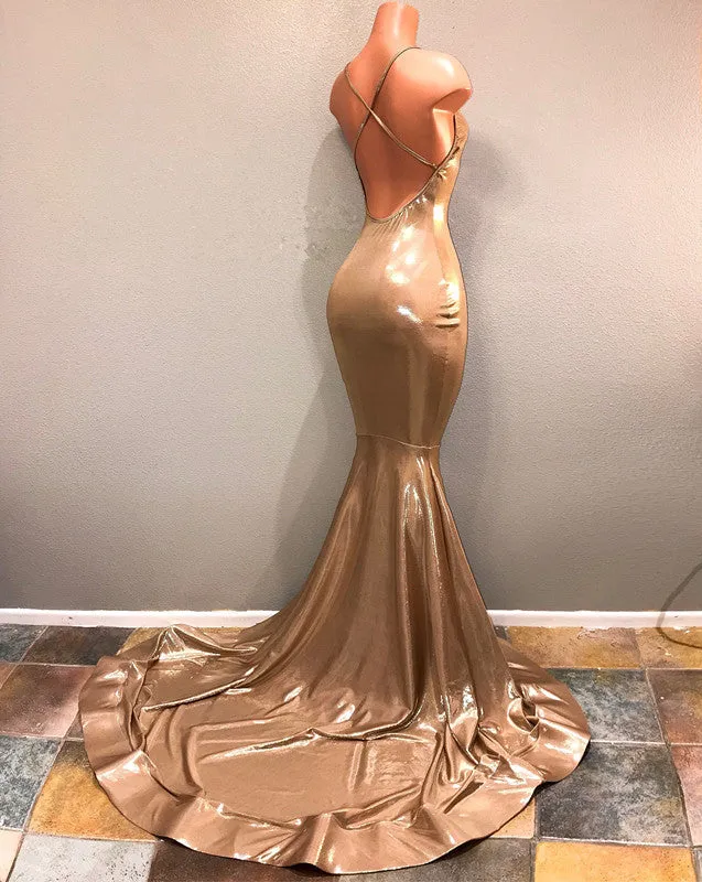 Chic Spaghetti Strap Gold Prom Dress, Sleeveless Prom Party Gowns