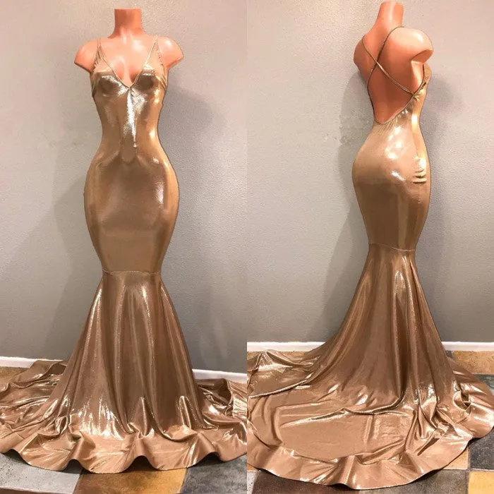 Chic Spaghetti Strap Gold Prom Dress, Sleeveless Prom Party Gowns