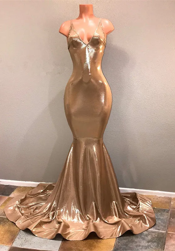 Chic Spaghetti Strap Gold Prom Dress, Sleeveless Prom Party Gowns