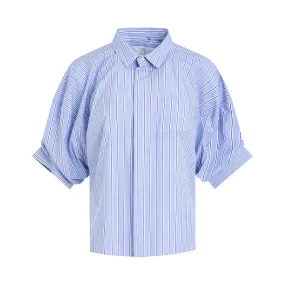 Cotton Balloon Sleeve Shirt in Light Blue Stripe