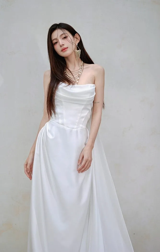 DOLLY Luxury White Bandeau Stain High Waist Long Wedding Dress-Lola
