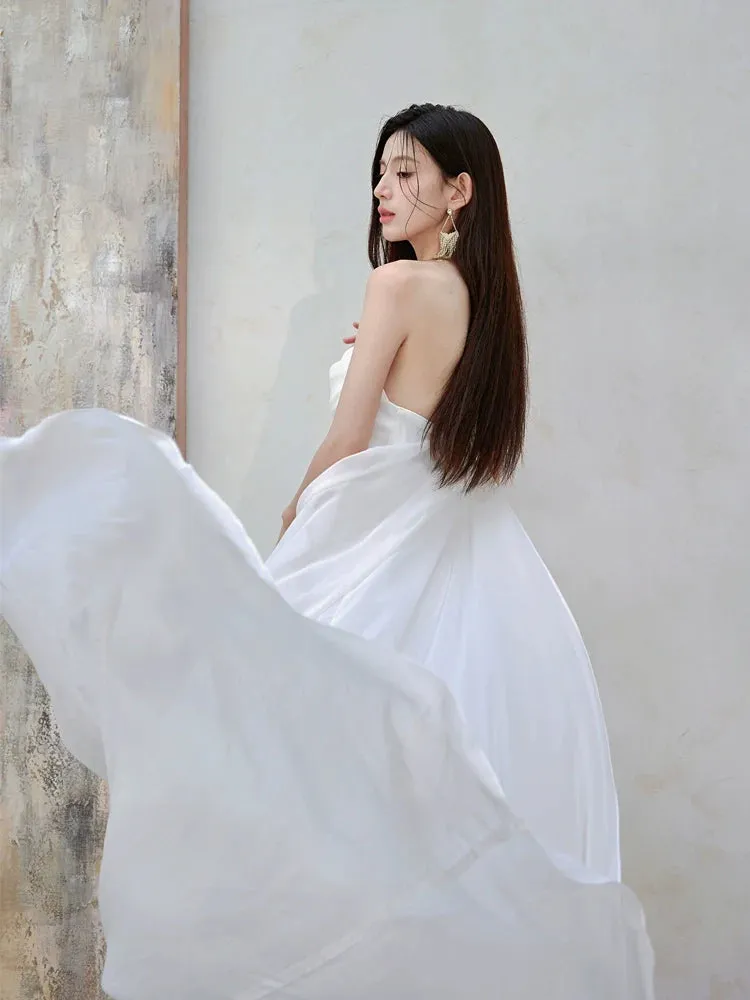 DOLLY Luxury White Bandeau Stain High Waist Long Wedding Dress-Lola