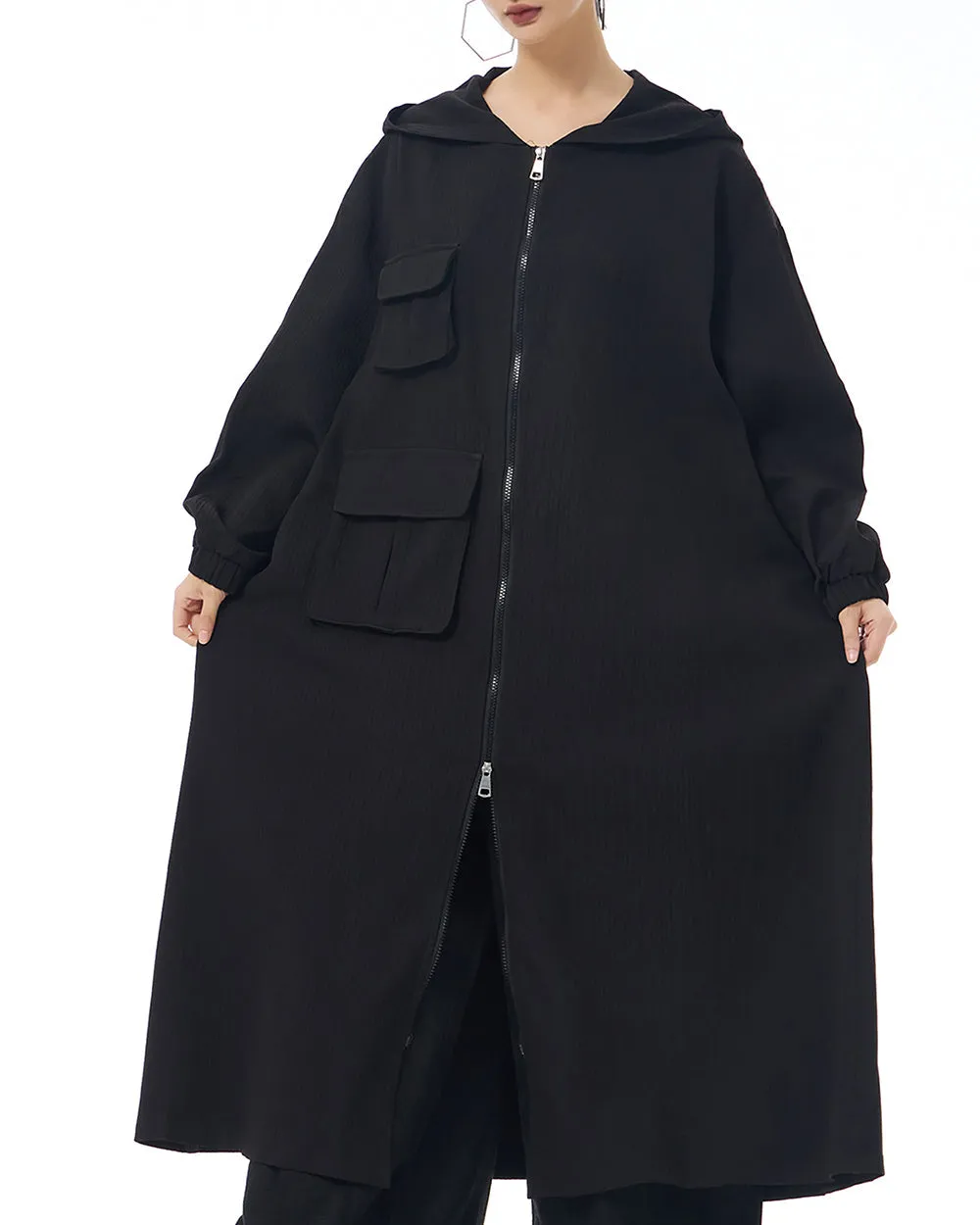 ellazhu Women's Coat Solid Color Pockets Zipper Long Sleeve Slit Hem Hooded Loose Oversize GE17