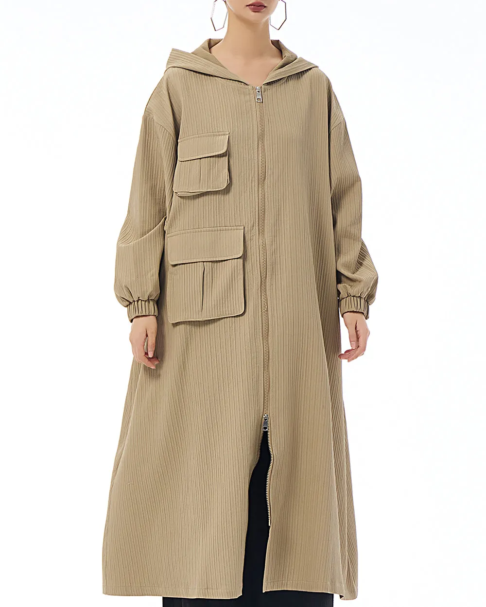 ellazhu Women's Coat Solid Color Pockets Zipper Long Sleeve Slit Hem Hooded Loose Oversize GE17