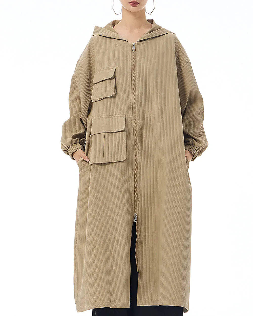 ellazhu Women's Coat Solid Color Pockets Zipper Long Sleeve Slit Hem Hooded Loose Oversize GE17