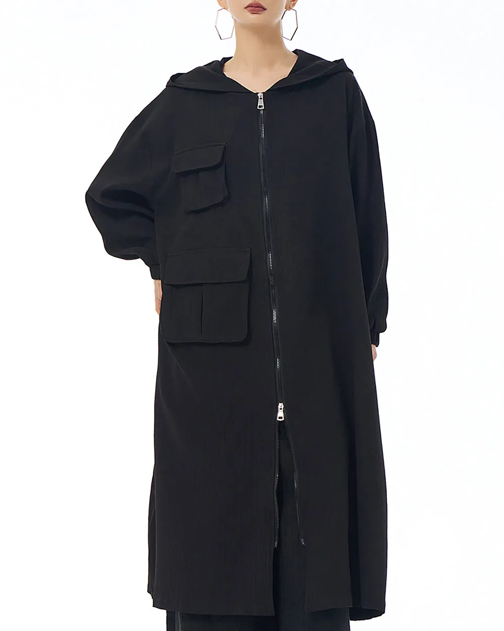 ellazhu Women's Coat Solid Color Pockets Zipper Long Sleeve Slit Hem Hooded Loose Oversize GE17