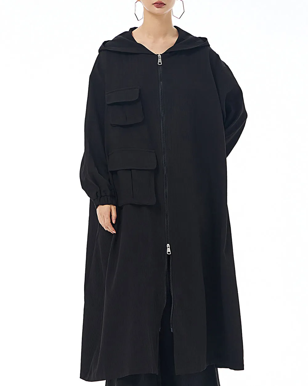 ellazhu Women's Coat Solid Color Pockets Zipper Long Sleeve Slit Hem Hooded Loose Oversize GE17