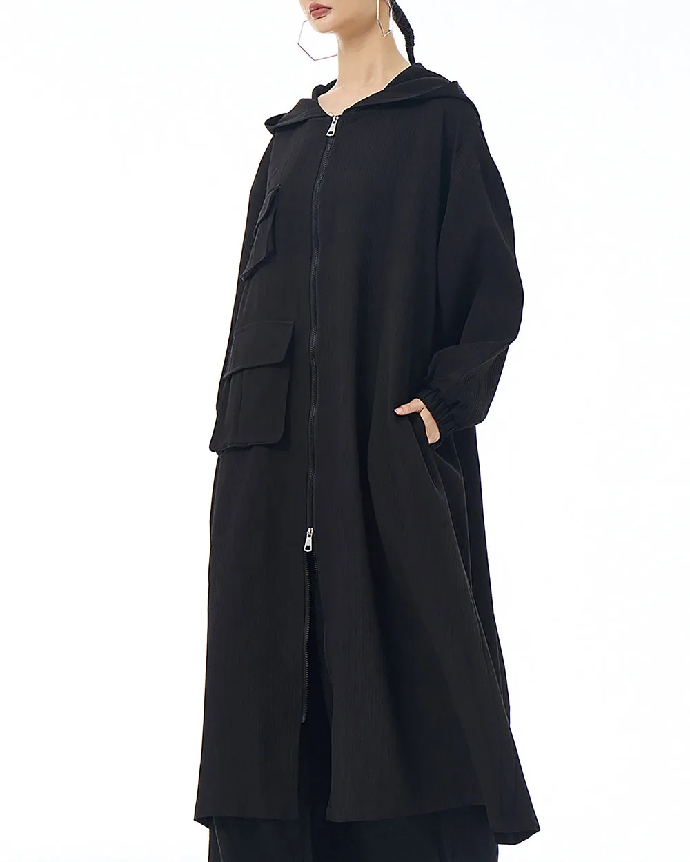 ellazhu Women's Coat Solid Color Pockets Zipper Long Sleeve Slit Hem Hooded Loose Oversize GE17