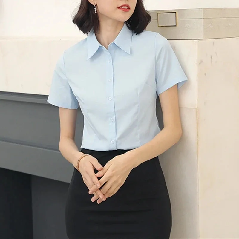 Fashion Woman Blouses V-neck Short Sleeve Solid Work Tops