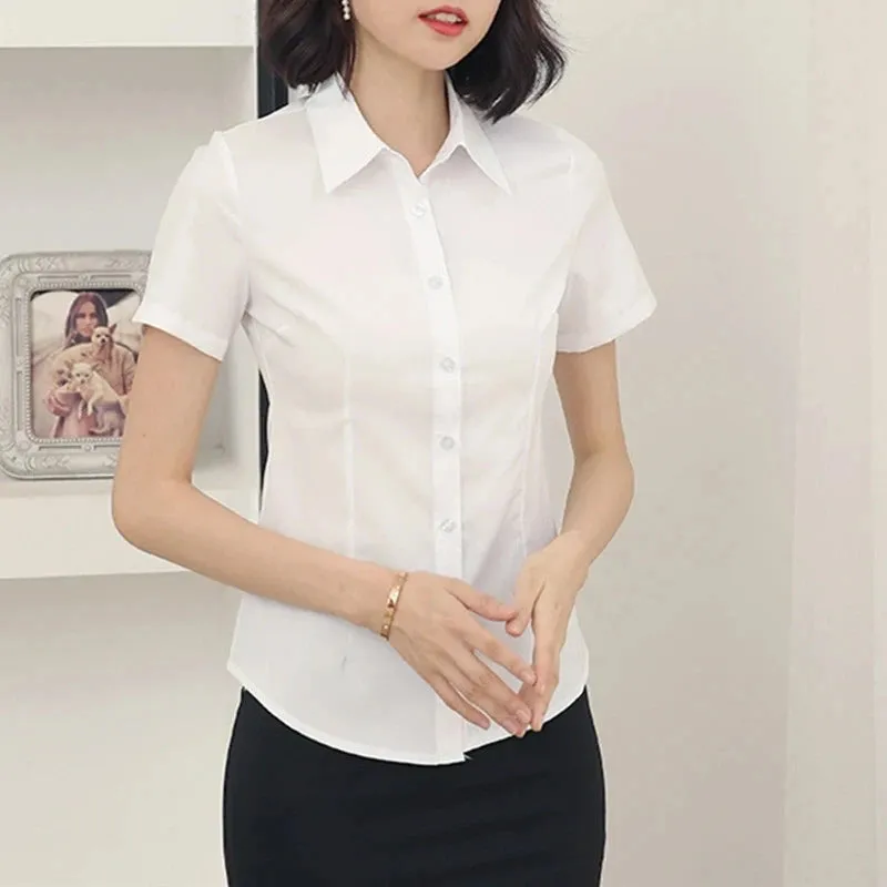 Fashion Woman Blouses V-neck Short Sleeve Solid Work Tops