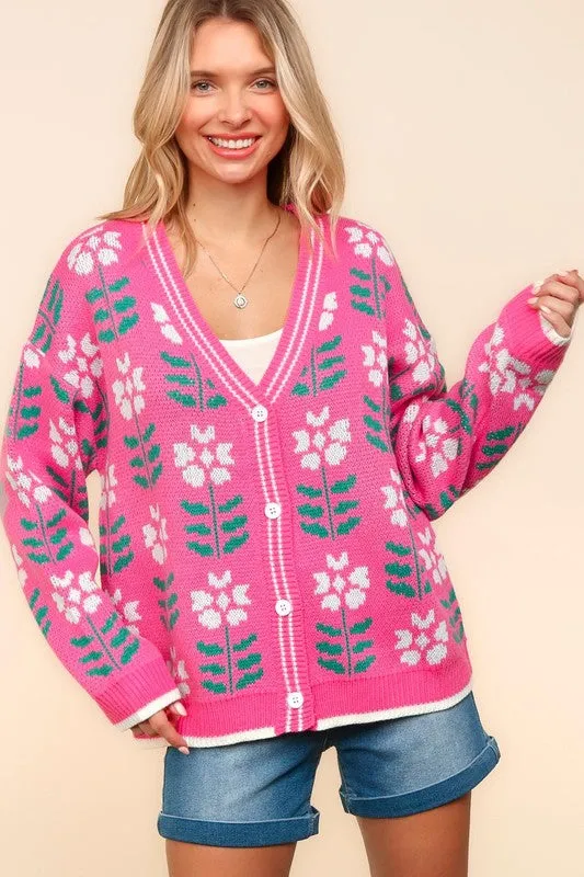 Floral Jacquard V-Neck Button-Up Cardigan