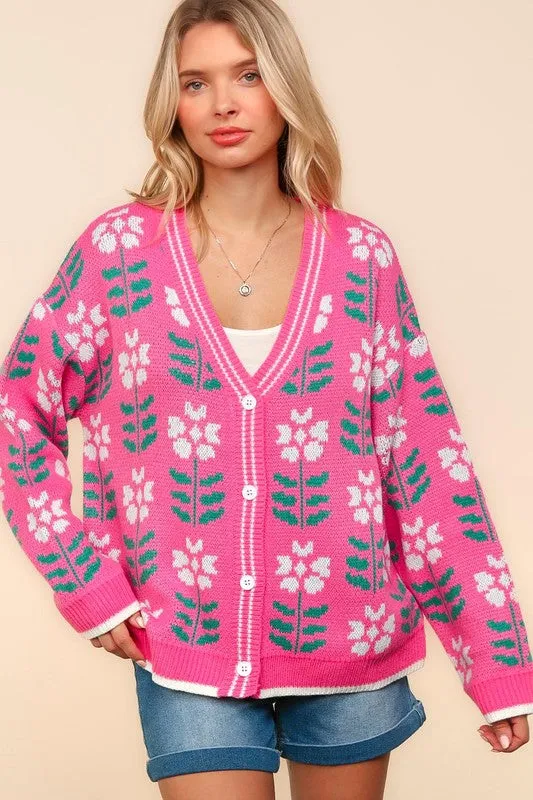 Floral Jacquard V-Neck Button-Up Cardigan