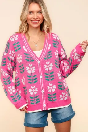 Floral Jacquard V-Neck Button-Up Cardigan