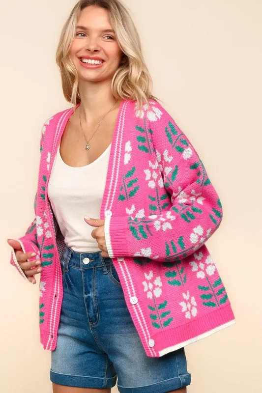 Floral Jacquard V-Neck Button-Up Cardigan