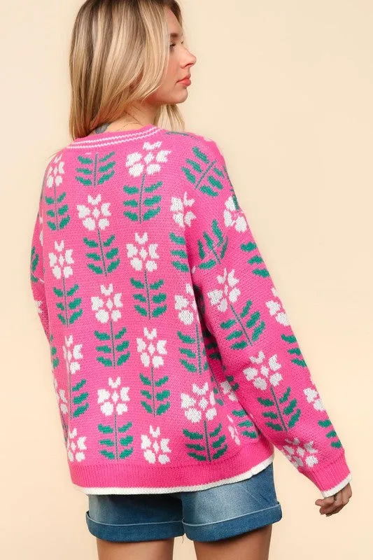 Floral Jacquard V-Neck Button-Up Cardigan