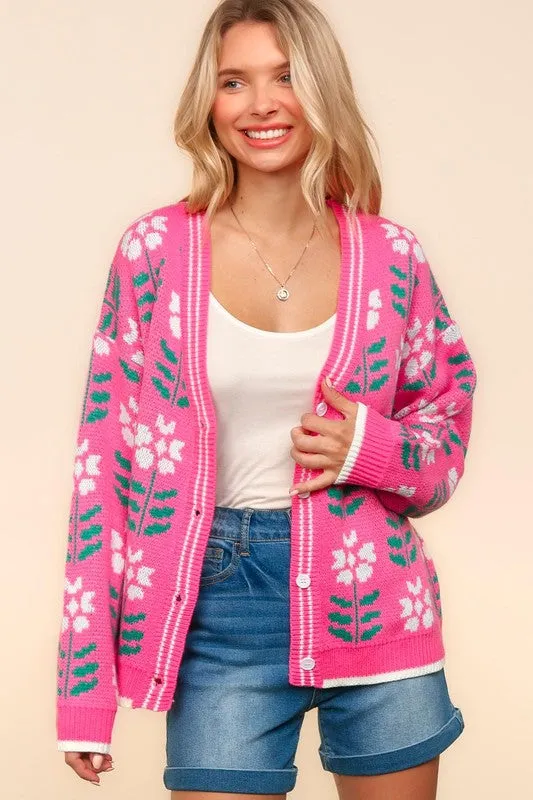 Floral Jacquard V-Neck Button-Up Cardigan