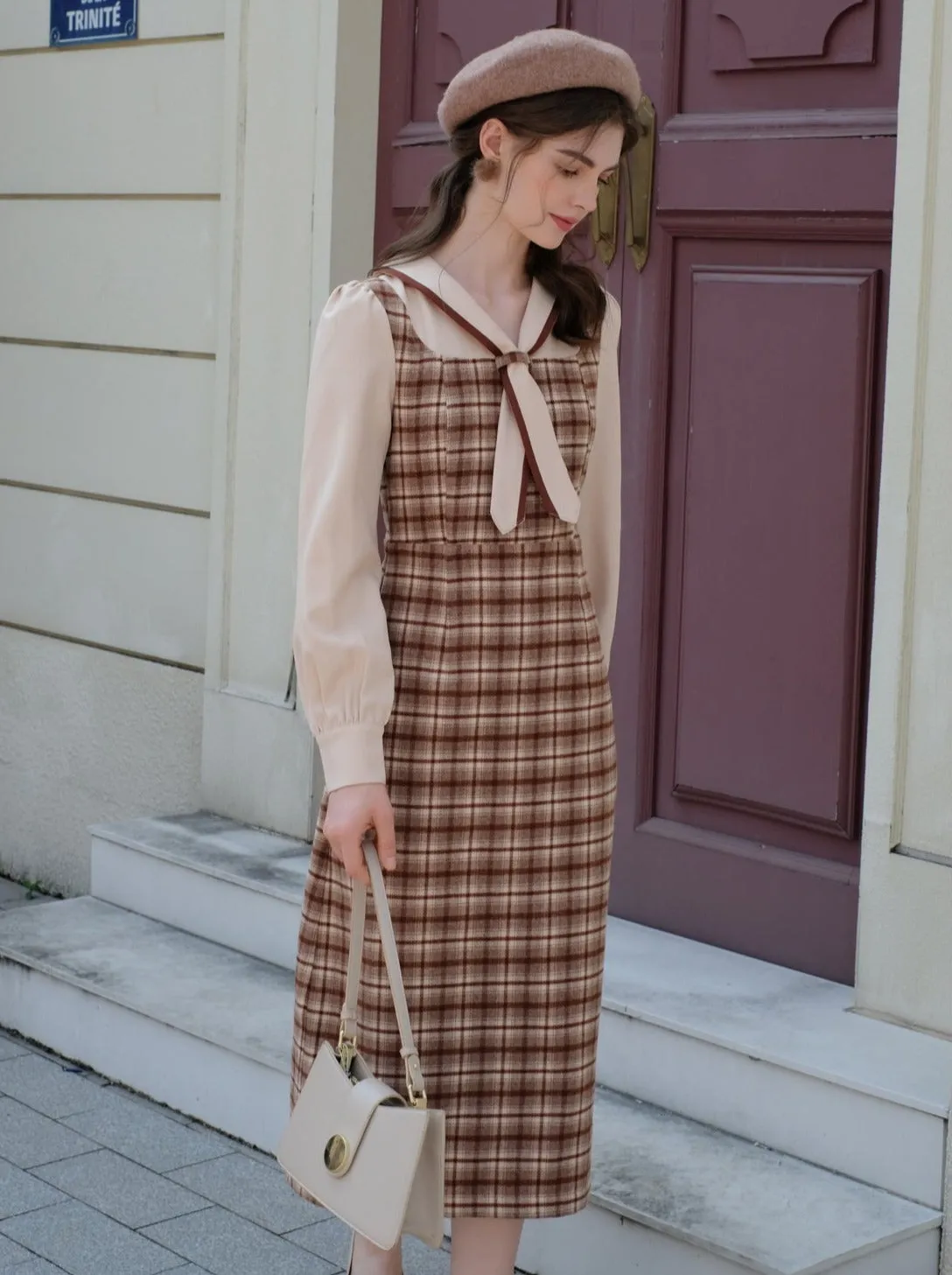 French Retro Piece Queen Dress Wool Retro Two Faux Maillard Faux Check