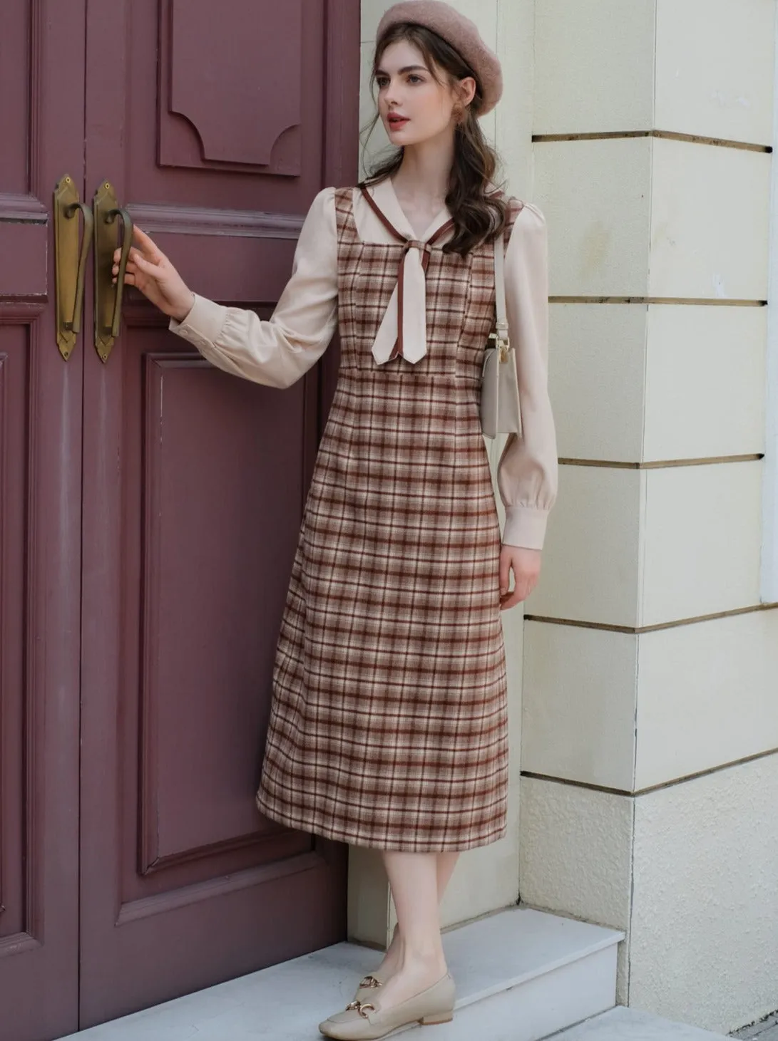 French Retro Piece Queen Dress Wool Retro Two Faux Maillard Faux Check