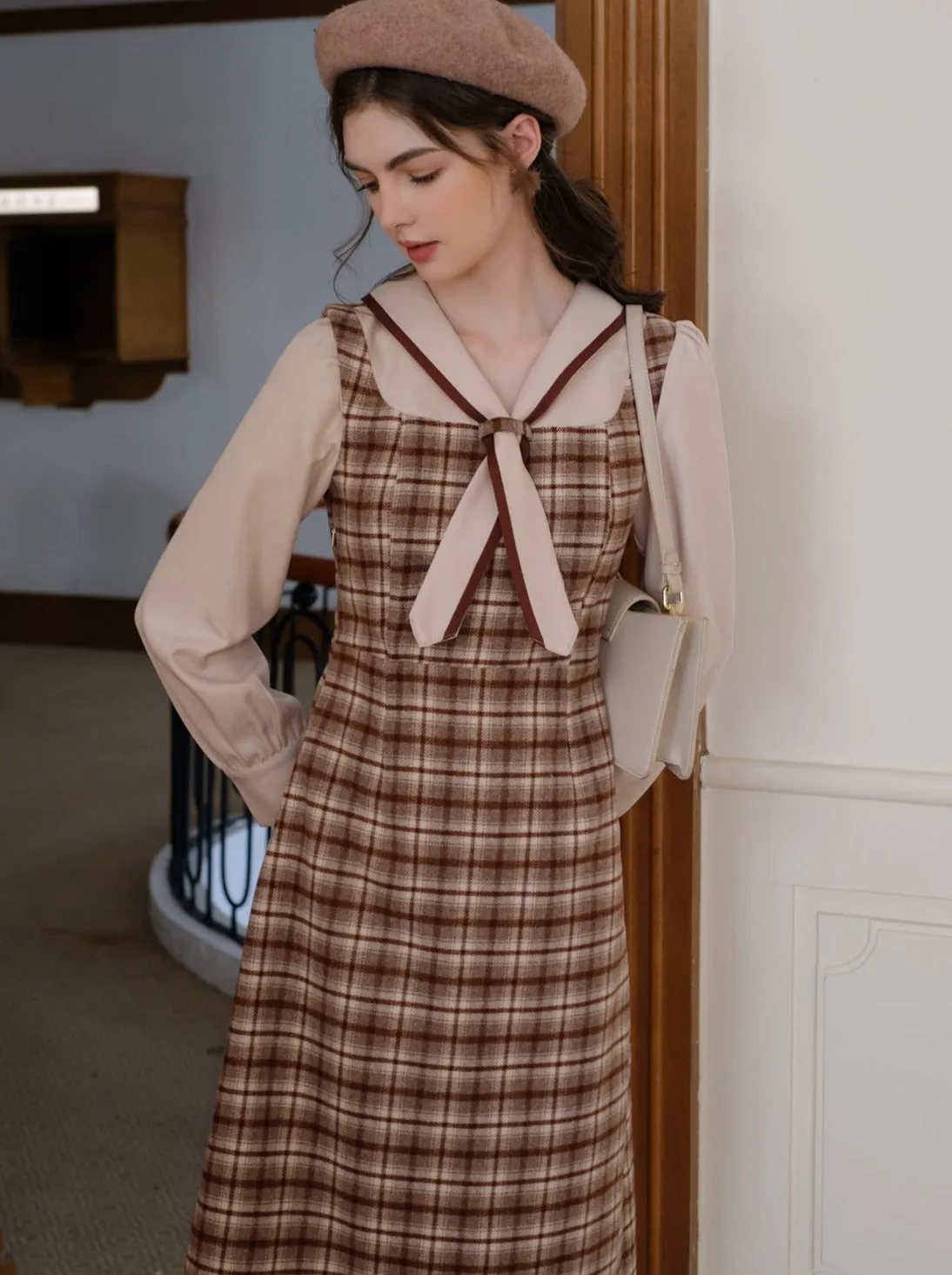 French Retro Piece Queen Dress Wool Retro Two Faux Maillard Faux Check