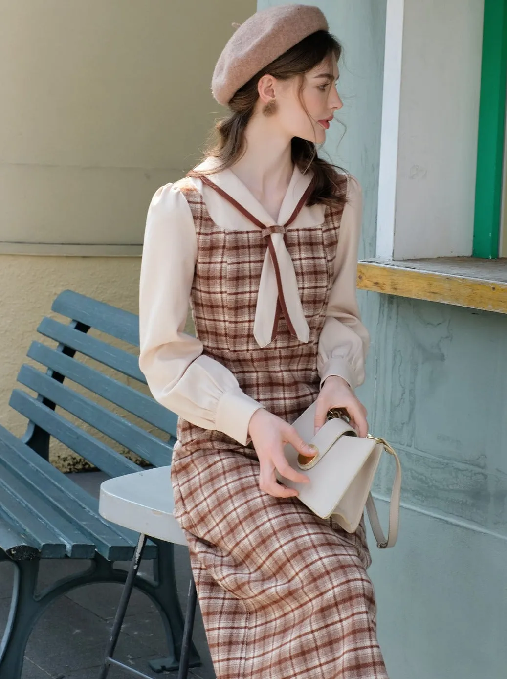 French Retro Piece Queen Dress Wool Retro Two Faux Maillard Faux Check