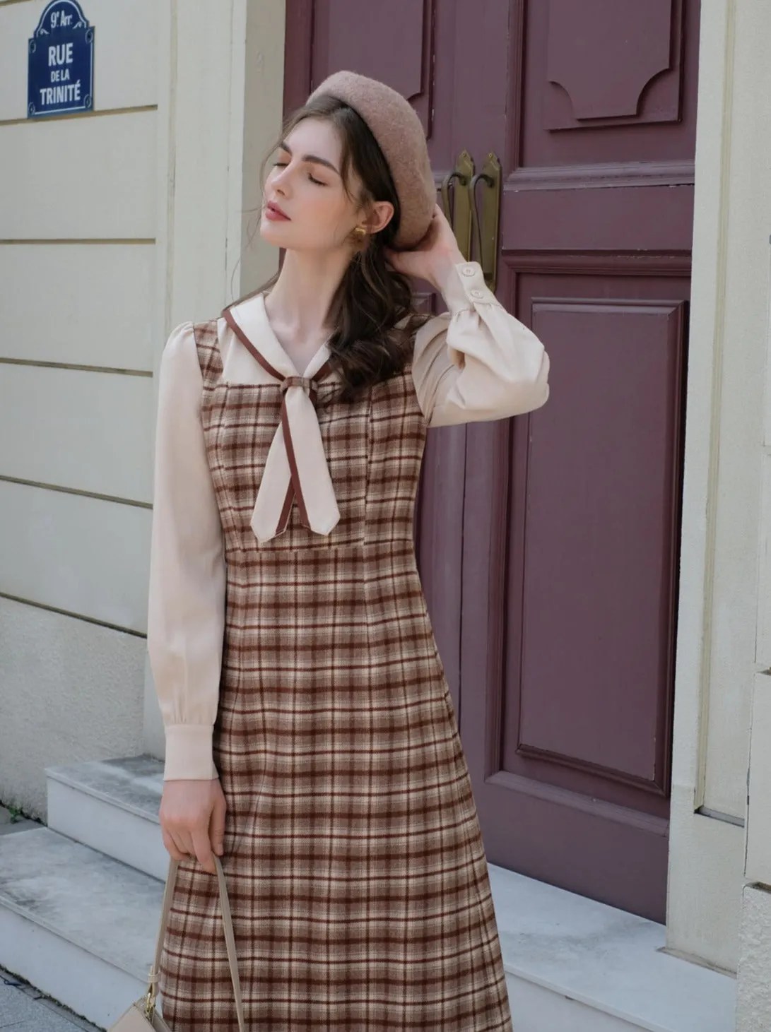 French Retro Piece Queen Dress Wool Retro Two Faux Maillard Faux Check