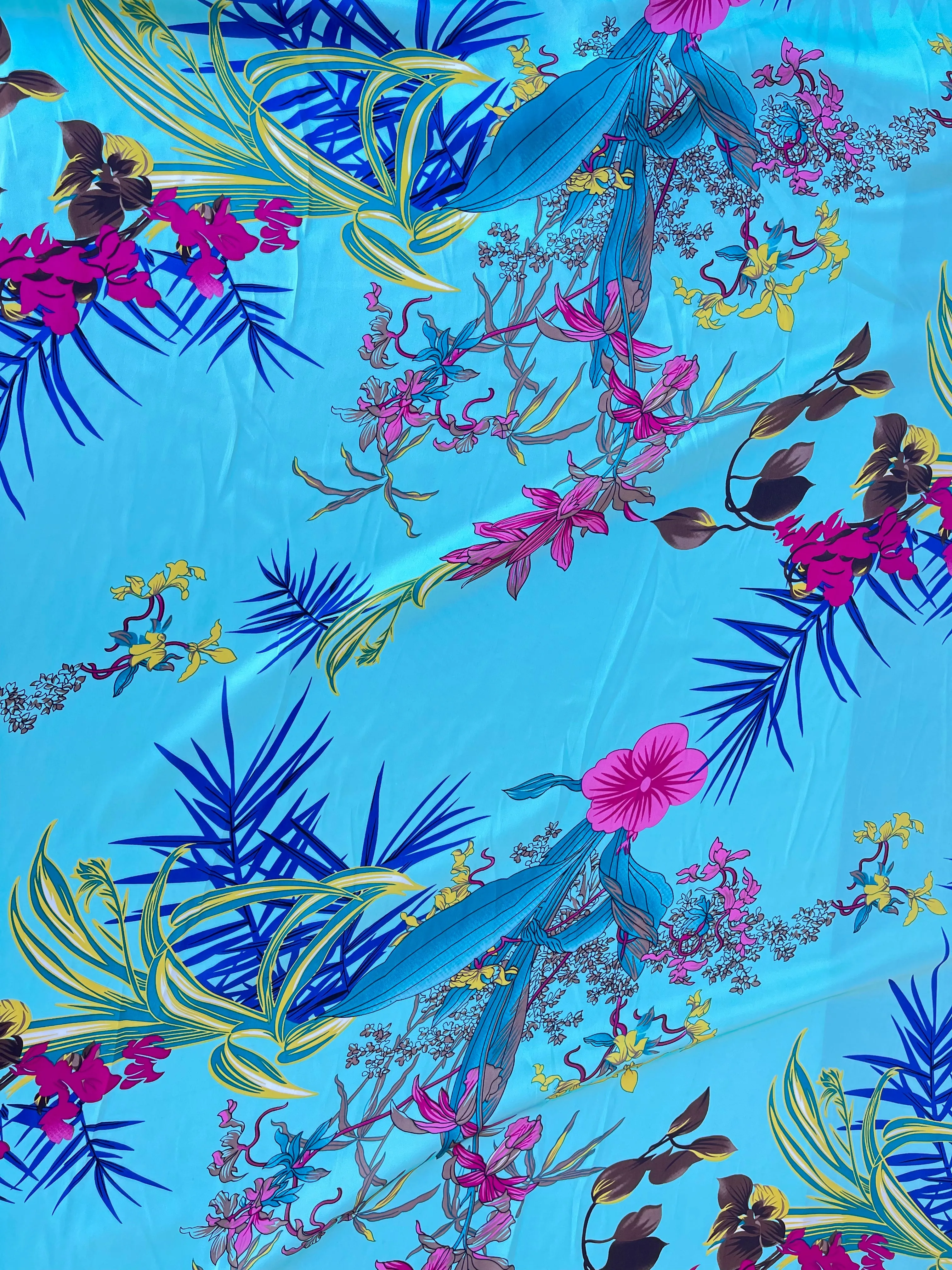 Lightweight  satin  fabric by the yard - Teal hot pink floral  print