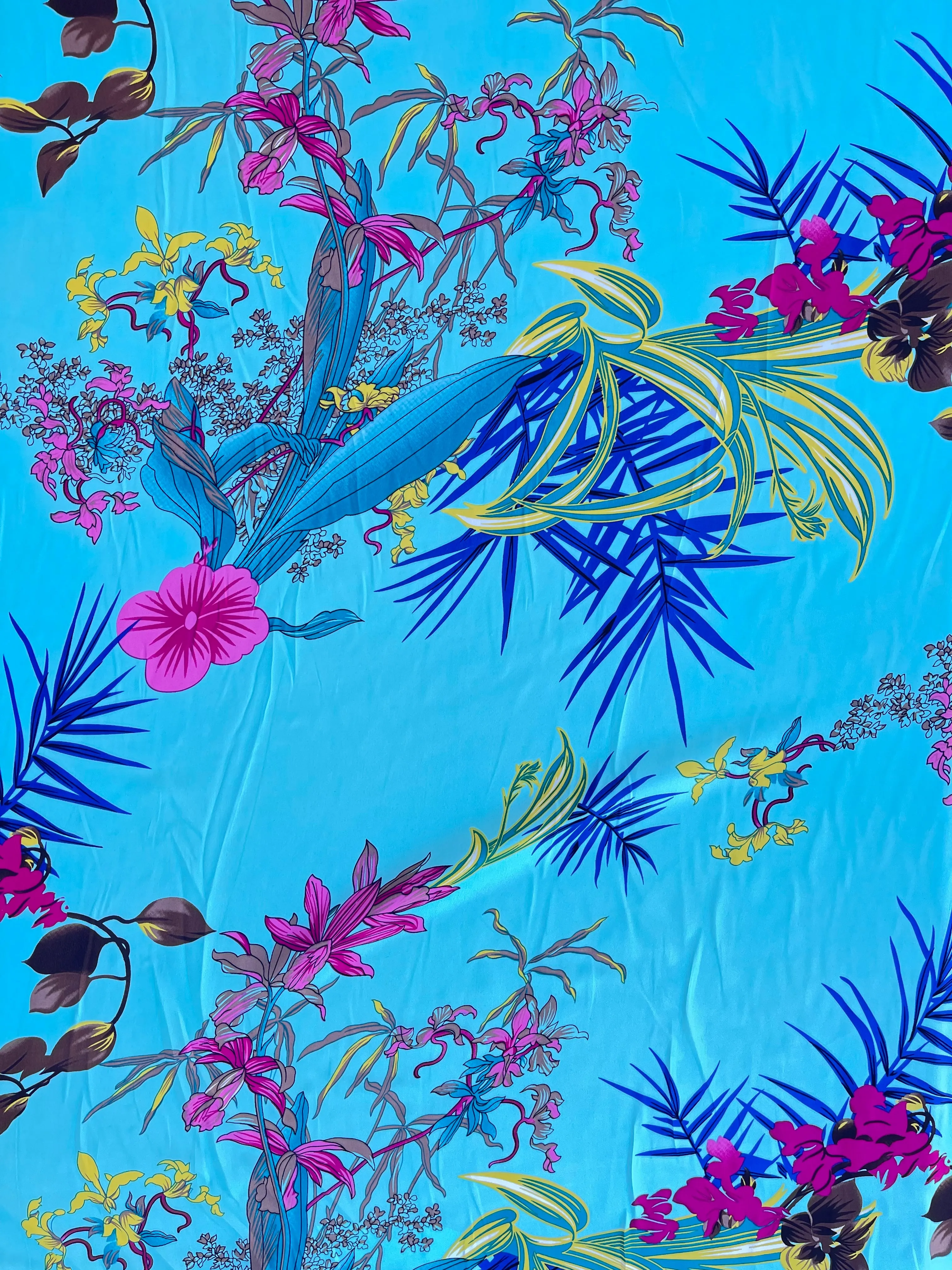 Lightweight  satin  fabric by the yard - Teal hot pink floral  print