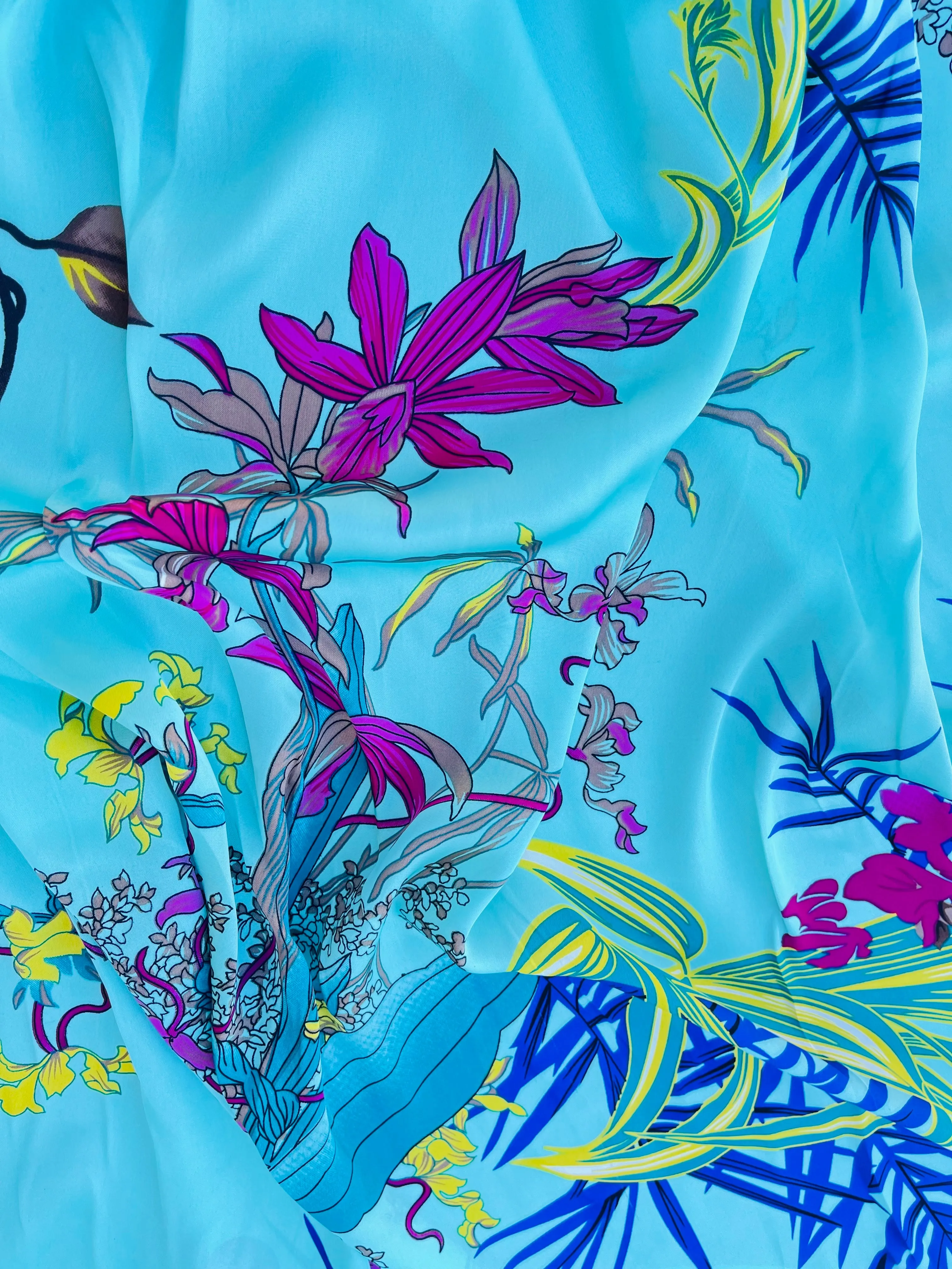 Lightweight  satin  fabric by the yard - Teal hot pink floral  print