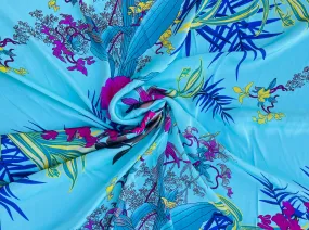 Lightweight  satin  fabric by the yard - Teal hot pink floral  print